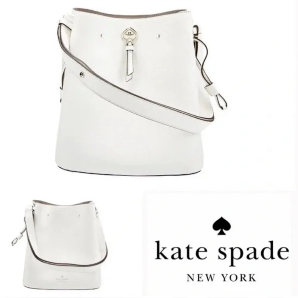 Kate Spade Marti Genuine Pebbled Leather Bucket Bag White Purse Silver Hardware